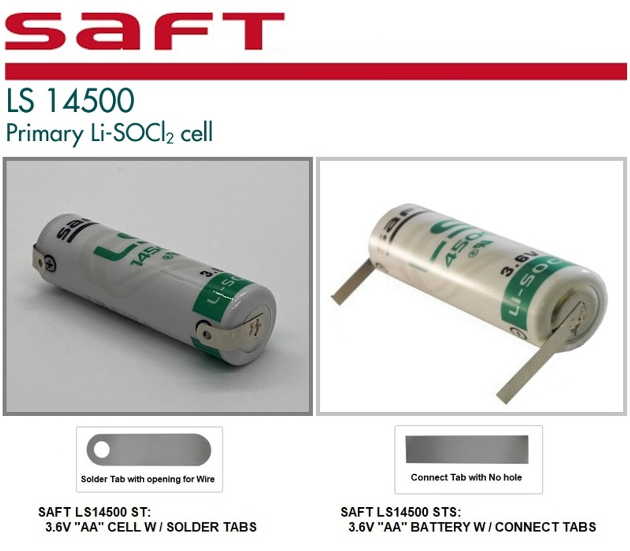 Saft LS14500 ST, 3.6 VOLT, 2.6Ah AA Lithium Sulfur Dioxide (Li