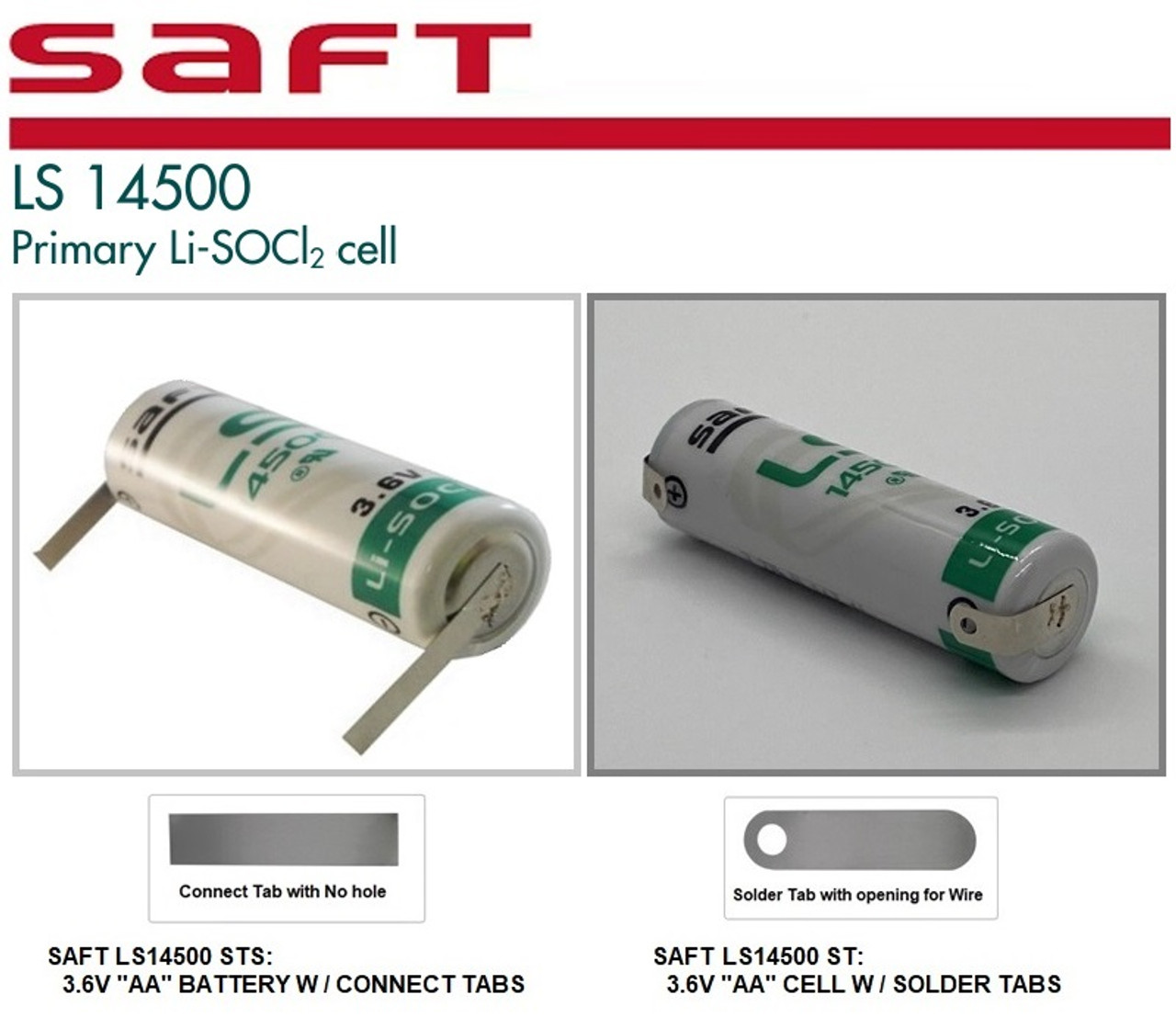 Saft LS14500 STS, 3.6 VOLT, 2.6Ah AA Lithium Sulfur Dioxide (Li-SO2)  Battery w/Connect Tabs