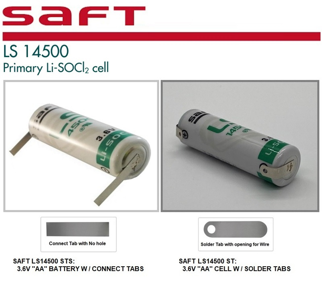 Saft LS14500-AX Battery - 3.6V AA (Axial Leads