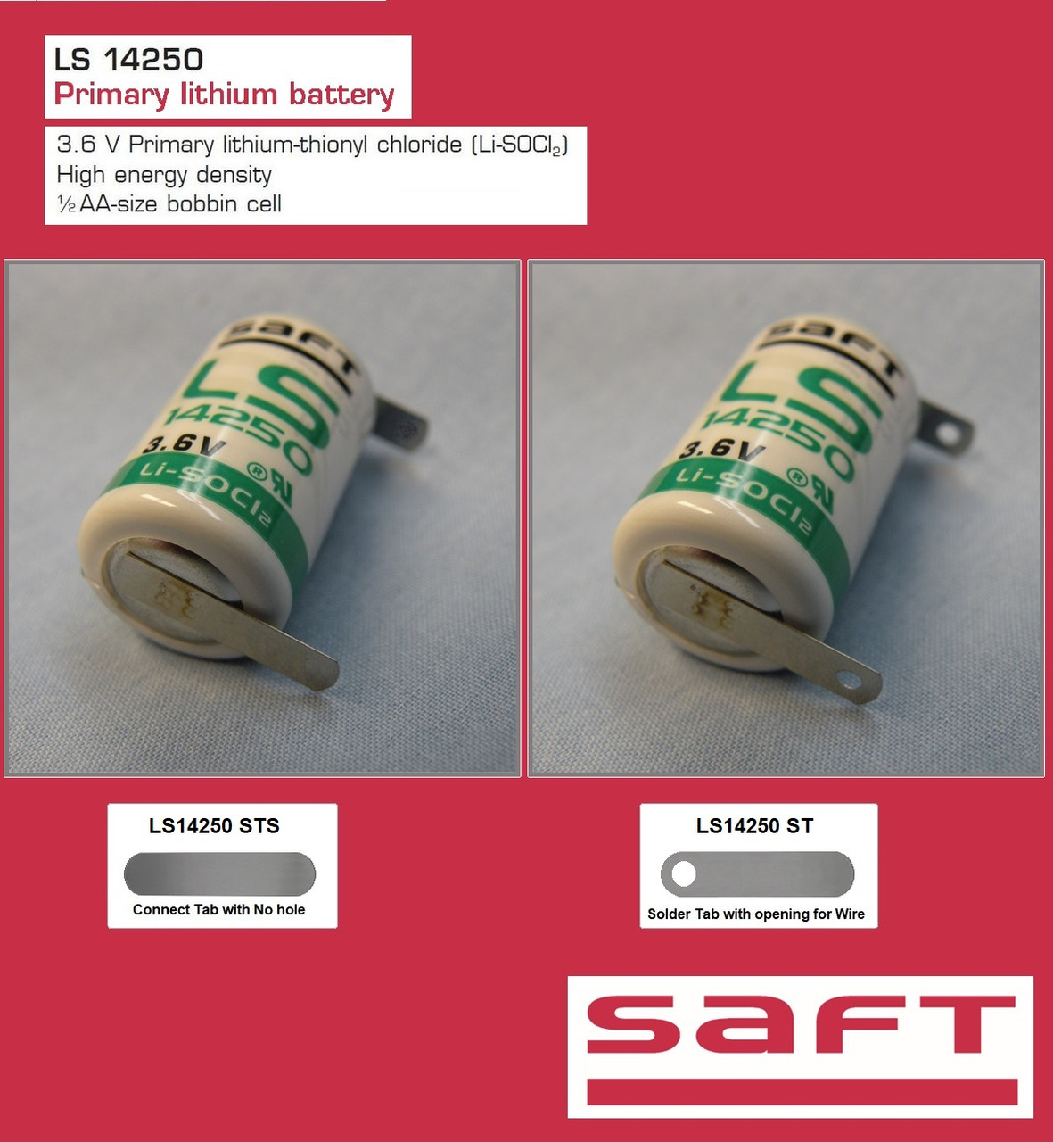 Pile lithium SAFT LS14250 3.6V 1.2AH 1/2AA