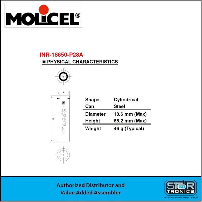 Molicel INR-18650-P28A, 3.6 Volt 2800mAh Lithium-Ion Cell