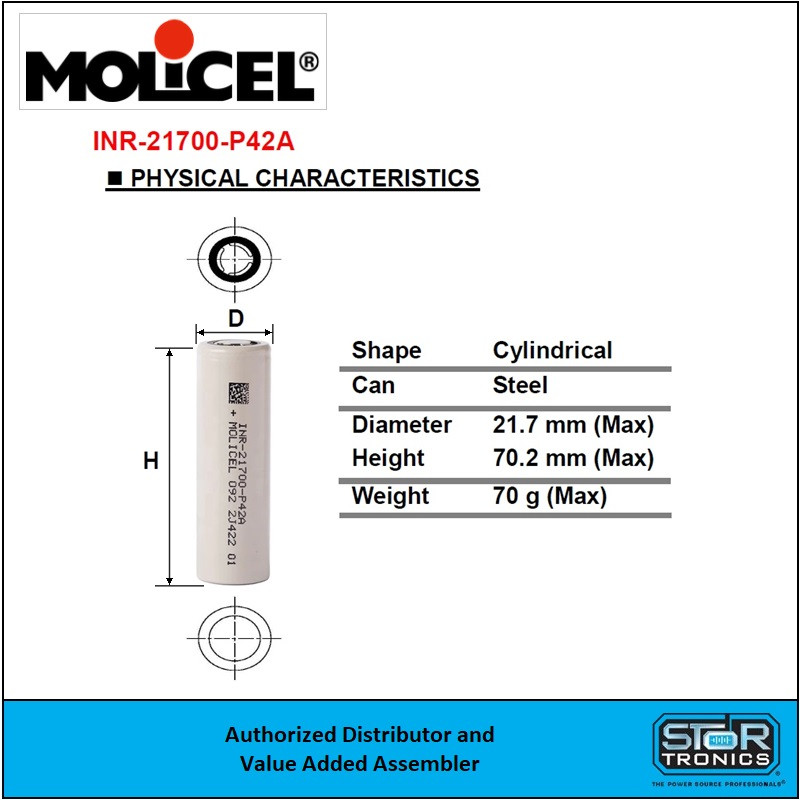 Molicel INR-21700-P42A, 3.6 Volt 4200mAh Lithium-Ion Cell