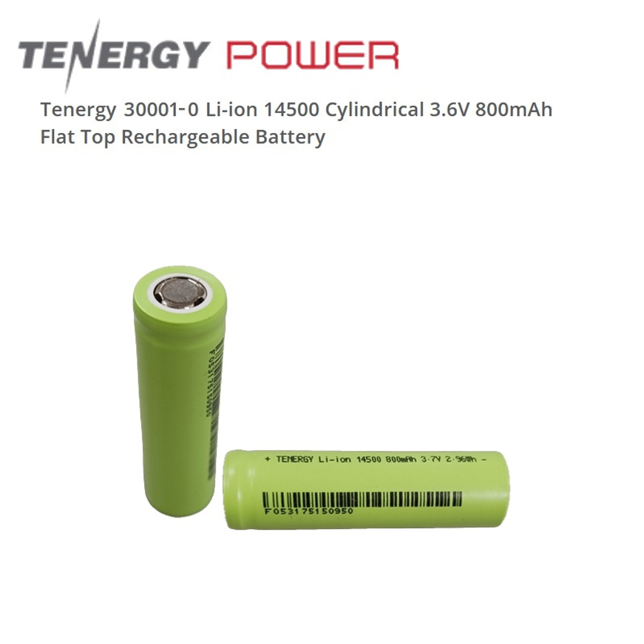 Tenergy Li-Ion 14500 Cylindrical 3.7V 800mAh Flat Top Rechargeable