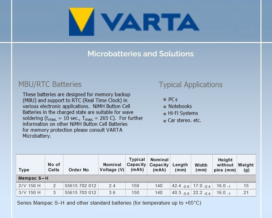 Varta Mempac S-H 55615-702-012, 2.4 Volt, 150mAh NIMH Battery