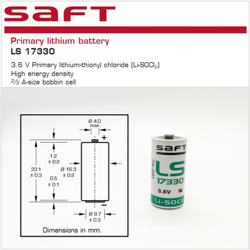 Saft LS17330 - 3.6 Volt Primary Lithium 2/3A Battery - Dimensions