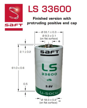 Saft LS33600 - 3.6 Volt "D" Primary Lithium Battery - Dimensions