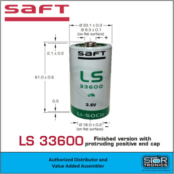 Saft LS33600 - 3.6 Volt "D" Primary Lithium Battery - Dimensions