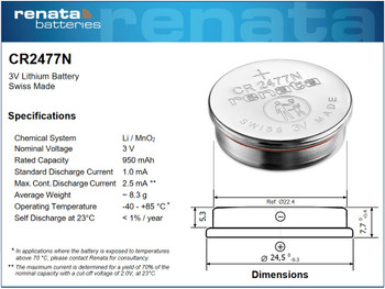 Renata CR2477N, 3 Volt, 950 mAh Lithium Coin Cell