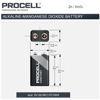 Procell Constant Power PC1604 "9 Volt" Alkaline Battery Dimensions