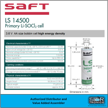 Saft LS14500 AX, 3.6 Volt "AA" Lithium Sulfur Dioxide (Li-SO2) Battery - Dimensions