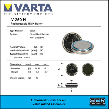 Varta V250H 55625-101-501, 1.2 Volt, 250mAh NIMH Button Cell