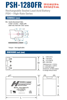 PowerSonic PSH-1280F2-FR, 12V, 8.5Ah SLA Battery w/F2 Terminals & Flame Retardant Case