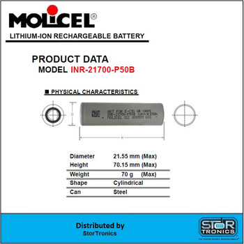 Molicel INR-21700-P50B, 3.6 Volt 5000mAH Lithium-Ion Cell