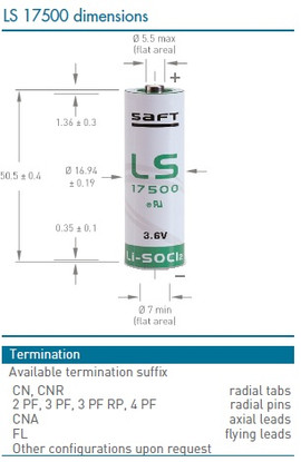 Saft LS17500 - 3.6 Volt Primary Lithium A Battery - Saft # 700134
