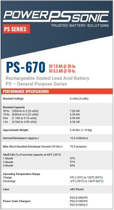 PowerSonic PS-670F1 Performance Specifications PowerSonic PS-670F1 Performance Specifications