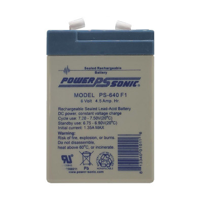 Power Sonic - PS- 640F1,  6 Volt,  4.5 AH Rechargeable SLA Battery 