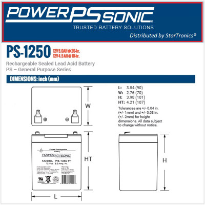 Power Sonic PS-1250F2, 12 Volt, 5AH Rechargeable SLA Battery (Dimensions)