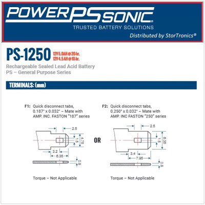 Power Sonic PS-1250F2, 12 Volt, 5AH Rechargeable SLA Battery (Terminals)