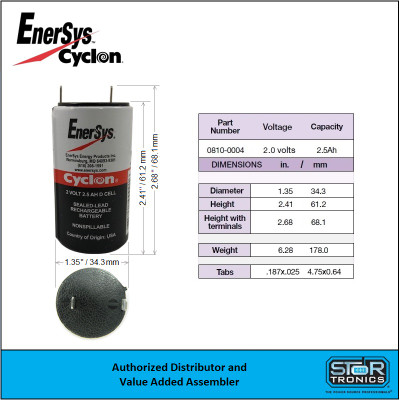 Enersys Cyclon, 0810-0004, 2 Volt, 2.5 Ah SLA D Battery Specifications Enersys Cyclon, 0810-0004, 2 Volt, 2.5 Ah SLA D Battery Specifications