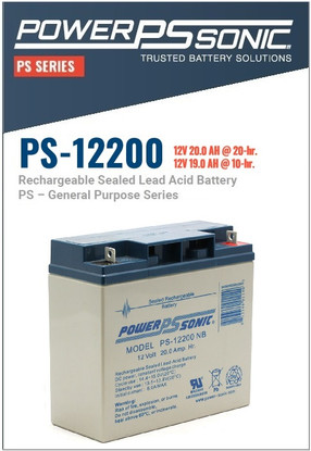 PowerSonic PS-12200NB, 12 Volt, 20Ah Rechargeable SLA Battery w/Nut & Bolt Terminals