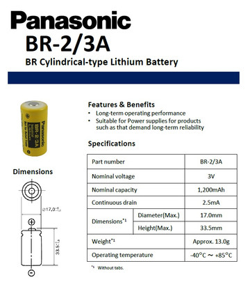 Panasonic BR-2/3A Lithium Battery Specifications