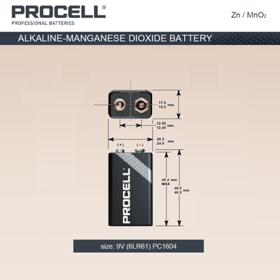 Procell Constant Power PC1604 "9 Volt" Alkaline Battery Dimensions