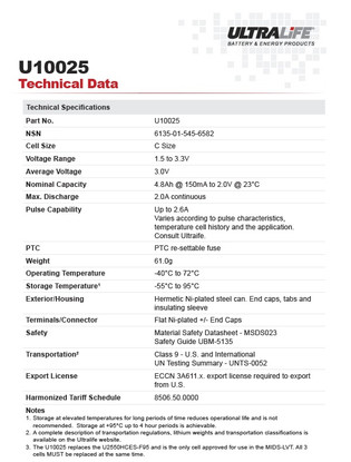 Ultralife U10025 3 Volt 4.8Ah "C" Cell LiMnO2 Lithium Battery