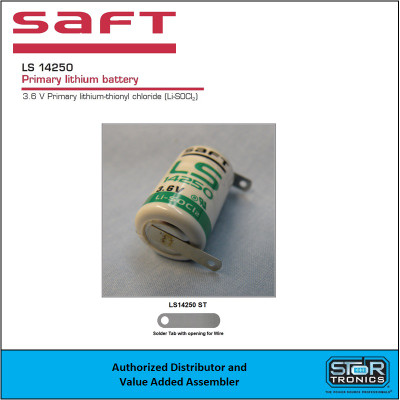 Saft LS14250 ST, 3.6 Volt, 1.2Ah "1/2AA" Lithium Sulfur Dioxide (Li-SO2) Battery w/Solder Tabs Saft LS14250 ST, 3.6 Volt, 1.2Ah "1/2AA" Lithium Sulfur Dioxide (Li-SO2) Battery w/Solder Tabs