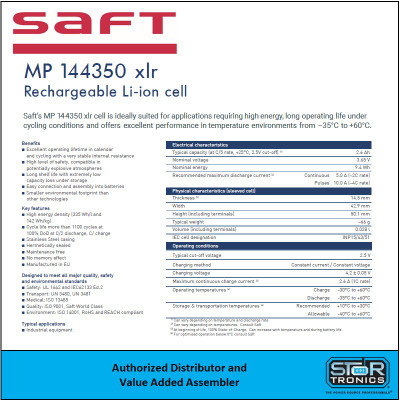 Saft MP 144350XLR, 3.65 Volt, 2.6Ah Prismatic Rechargeable Lithium-Ion Cell