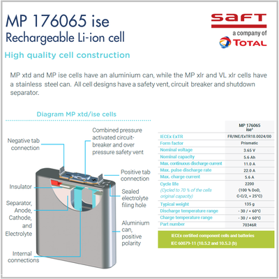 Saft MP 176065ise, 3.65 Volt, 5.6Ah Prismatic Rechargeable Lithium-Ion Cell
