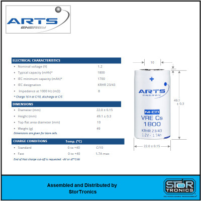 VH Cs 3200 XL - 1.2 Volt, 3200 mAh, Arts Energy NIMH Low Button Top Battery - Specifications