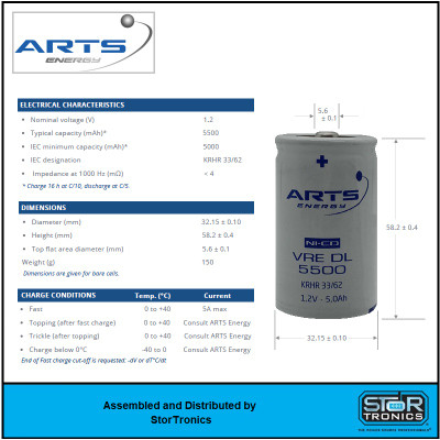 VRE DL 5500, 1.2 Volt, 5500 mAh Arts Energy NICD Low Button Top Battery - Dimensions VRE DL 5500, 1.2 Volt, 5500 mAh Arts Energy NICD Low Button Top Battery - Dimensions