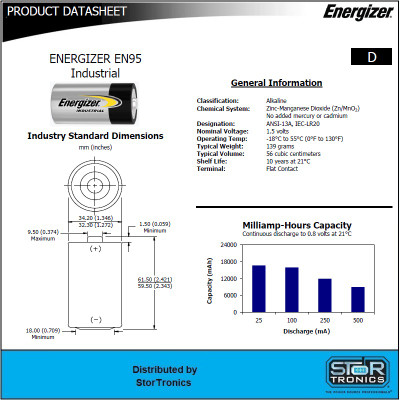 Energizer EN95 1.5 Volt "D" Size Industrial Alkaline Battery