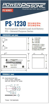 PowerSonic PS-1230 Rechargeable SLA Battery - Dimensions & Terminals