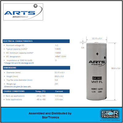 ARTS ENERGY VHT F, 1.2 Volt, 11Ah NIMH "F" CELL Specifications