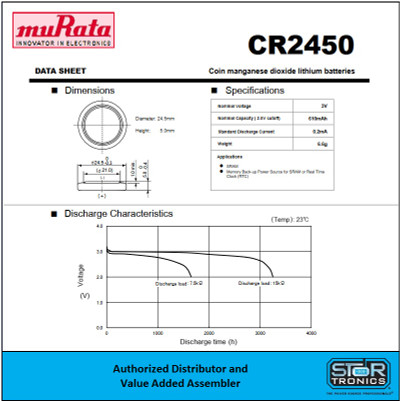 Murata CR2450 3 Volt, 600mAh Lithium Coin Cell  Data Sheet