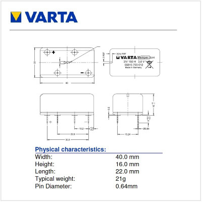 Varta Mempac S-H 55615-703-012, NIMH Battery - Dimensions Varta Mempac S-H 55615-703-012, NIMH Battery - Dimensions