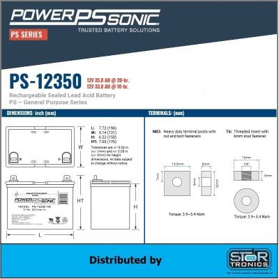 PowerSonic PS-12350 NB, SLA Battery - Dimensions