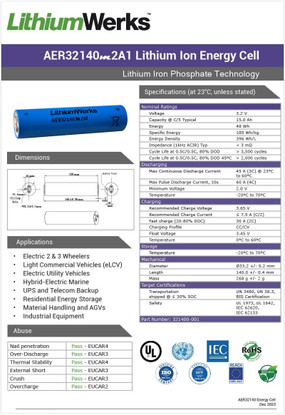 LithiumWerks AER32140m2A1 3.3 V 2.6 Ah Lithium Iron Phosphate (LiFePO4) Battery