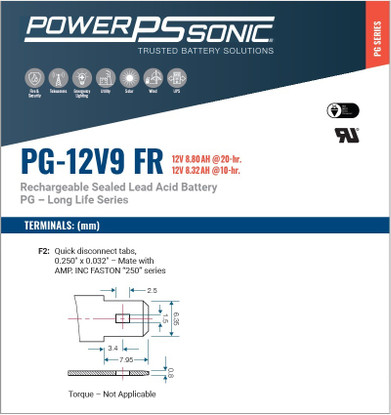 PowerSonic PG-12V9-F2 FR, 12V, 8.5Ah SLA Battery w/F2 Terminals & Flame Retardant Case
