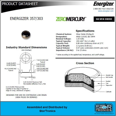 Energizer 357-303TZ 1.55V Silver Oxide Cell, Specifications