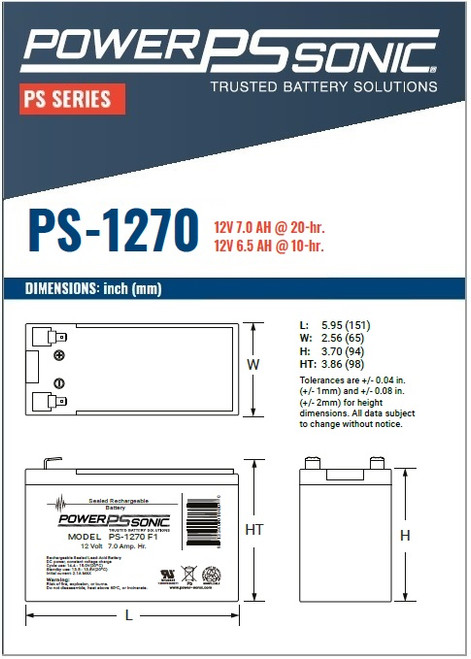 Power Sonic - PS-1270 Battery, Dimensions