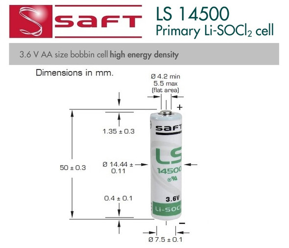 Saft LS14500 Dimensions