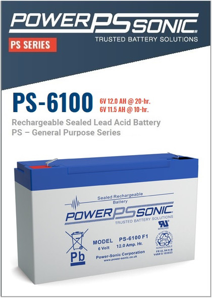 Power Sonic - PS-6100F1 - 6 Volt, 12.0 AH Rechargeable SLA Battery 