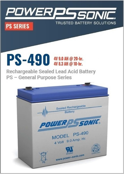 Power Sonic PS-490, 4 Volt, 9Ah Rechargeable SLA Battery 