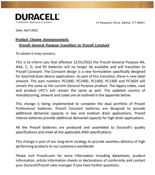 Duracell Product Change Announcement: Procell General Purpose transitions to Procell Constant