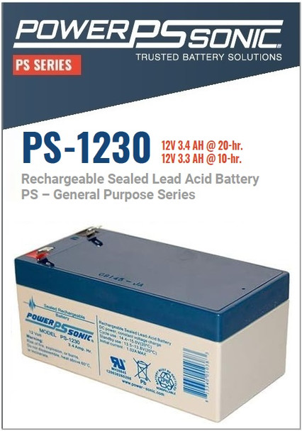 PowerSonic PS-1230 12 Volt, 3.4 AH Rechargeable SLA Battery w/F1 Terminals