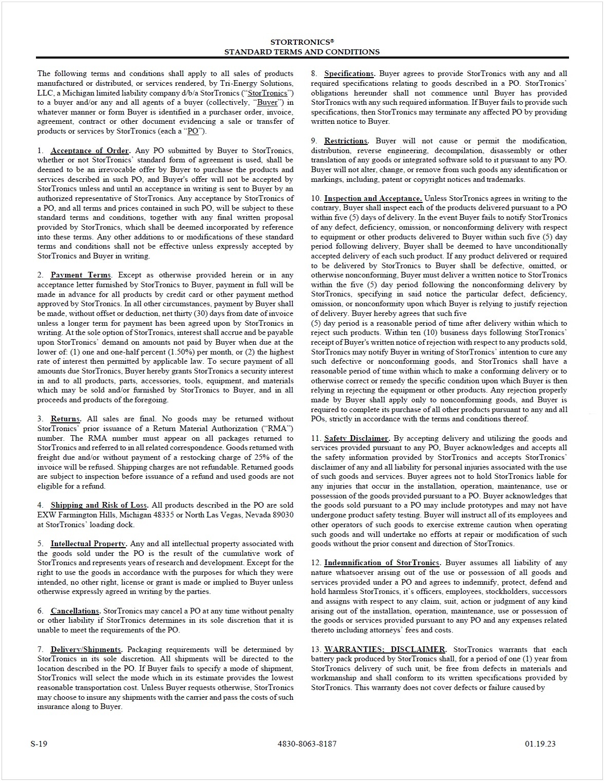 S-19 Standard Terms and Conditions Stortronics Tri-Energy Solutions - Pg-1