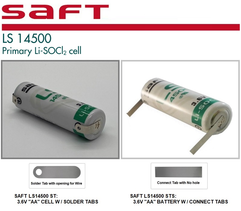 Saft LS14500 ST, 3.6 VOLT, 2.6Ah AA Lithium Thionyl Chloride (Li-SOCl2)  Battery w/Solder Tabs