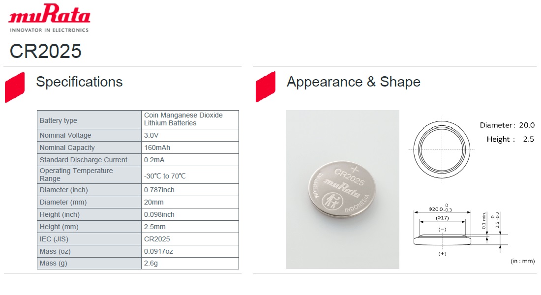 Murata CR2025 Battery 3V Lithium Coin Cell (1PC) (formerly SONY)